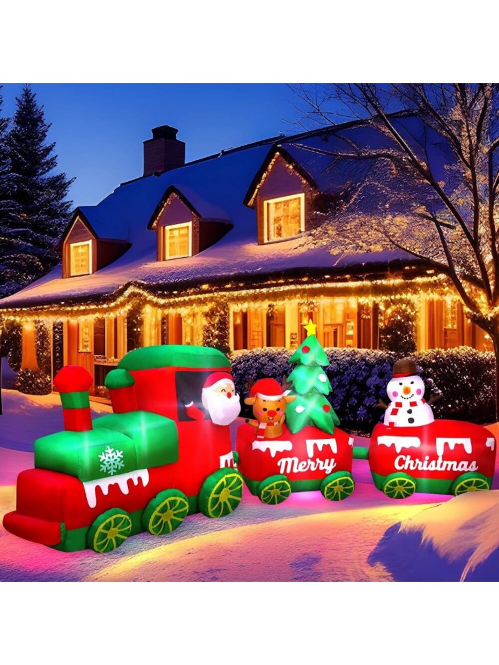 10.7 FT Inflatable Christmas Train with Santa, Reindeer & Snowman - LED Holiday